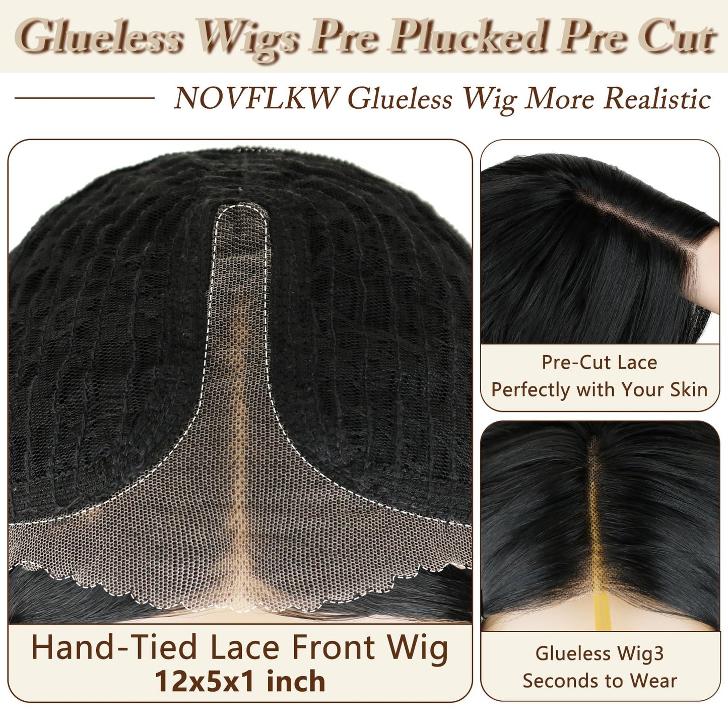 NOVFLKW Black Short Wavy Wig for Women Shoulder Length Middle Part with Pre Cut Lace Hairline Wavy Wig Natural Appearance Synthetic Heat Resistant Fiber for Everyday Hairstyle 16 Inch