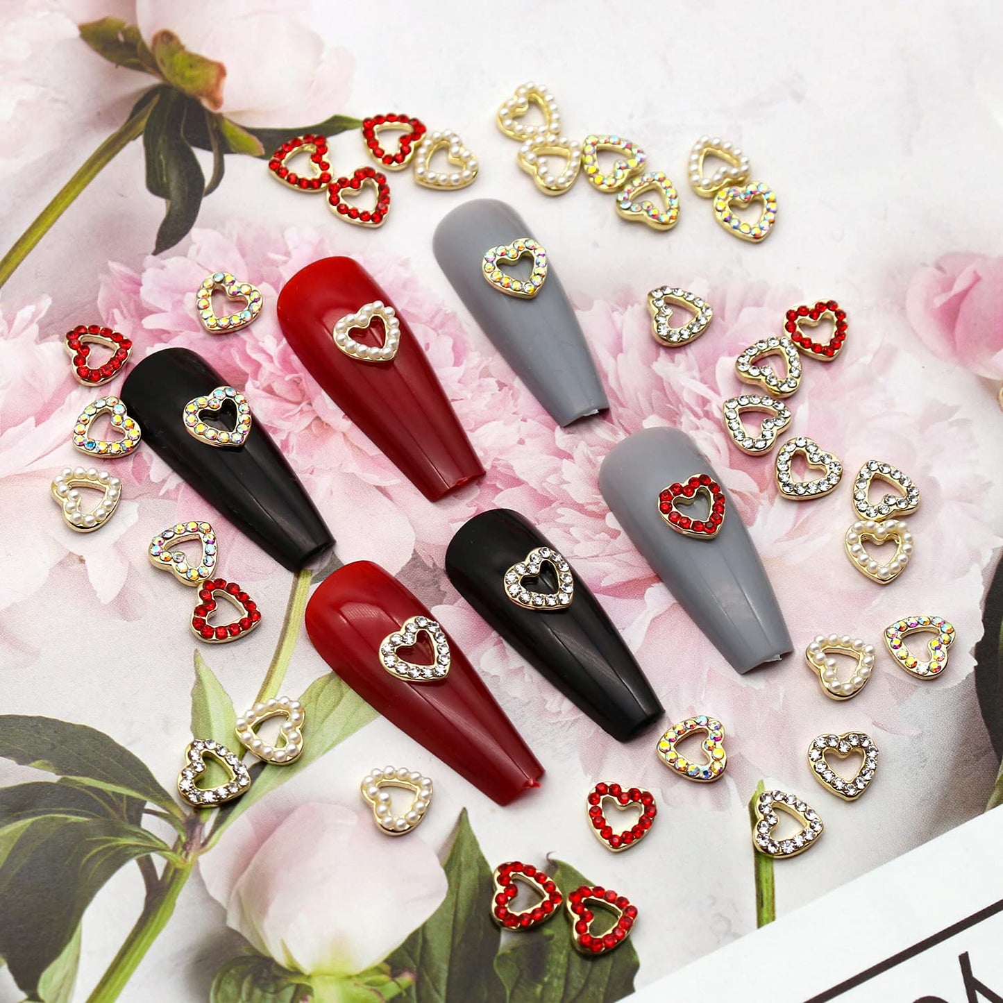 WOKOTO 40 Pcs 3D Hearts Nail Jewelrys for Nails Gold Alloy Hearts Nail Charms with Rhinestones Or Pearls for Nail Art 3D Hearts Nail Gems and Rhinestones Nail Hearts Charms for Nails Accessory