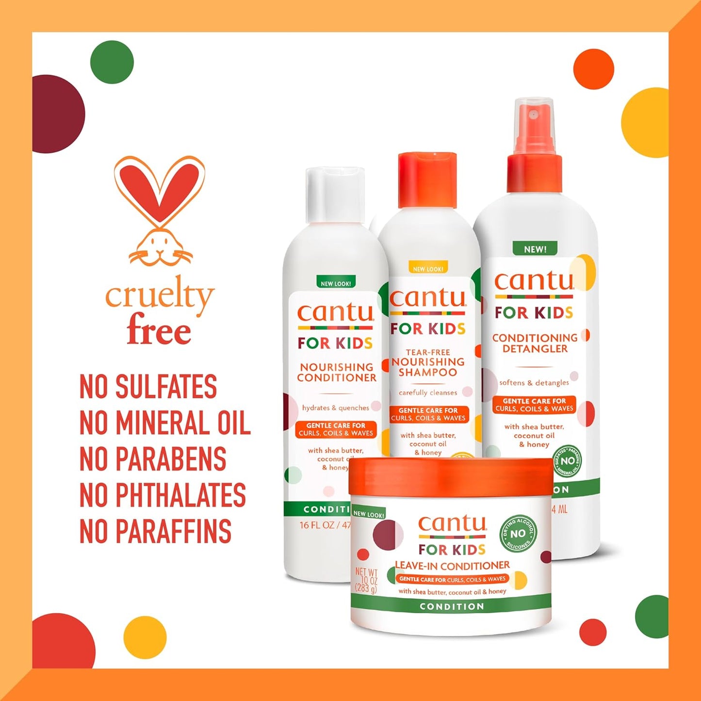 Cantu Kids Haircare Set - Shampoo, Conditioner, Detangler & Leave-In | Large Size Pack of 4