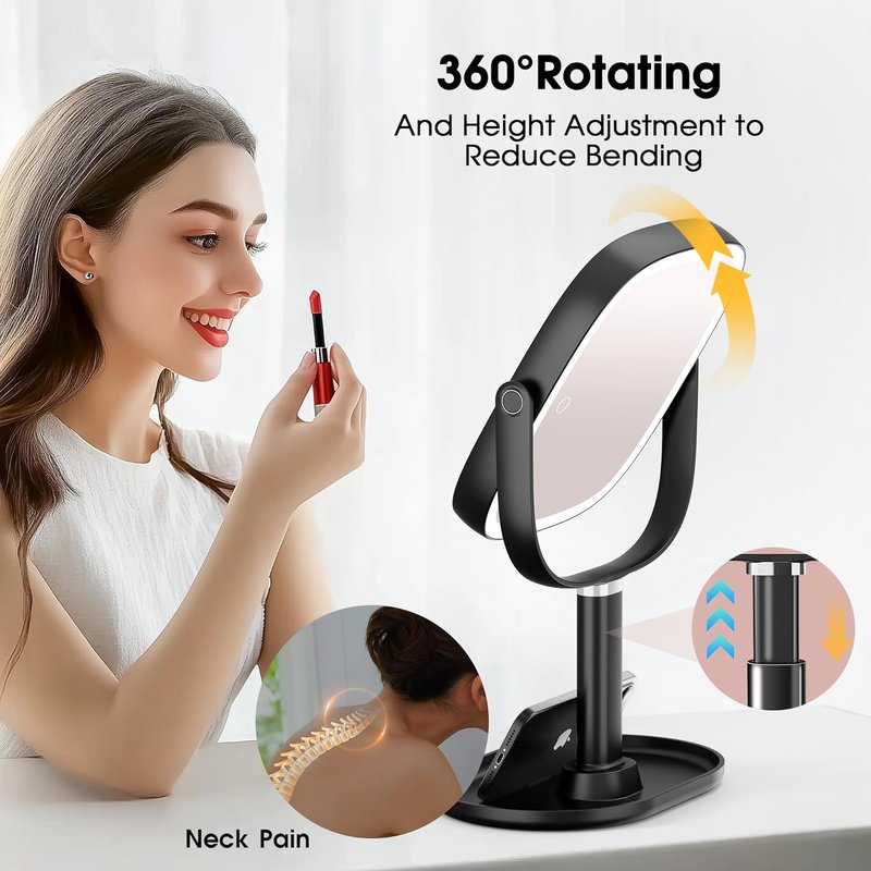 Makeup Mirror with Lights - 10x/1x Magnifying Rechargeable Desk Mirror | 3-Color Lighting & 360° Adjustable (Black)