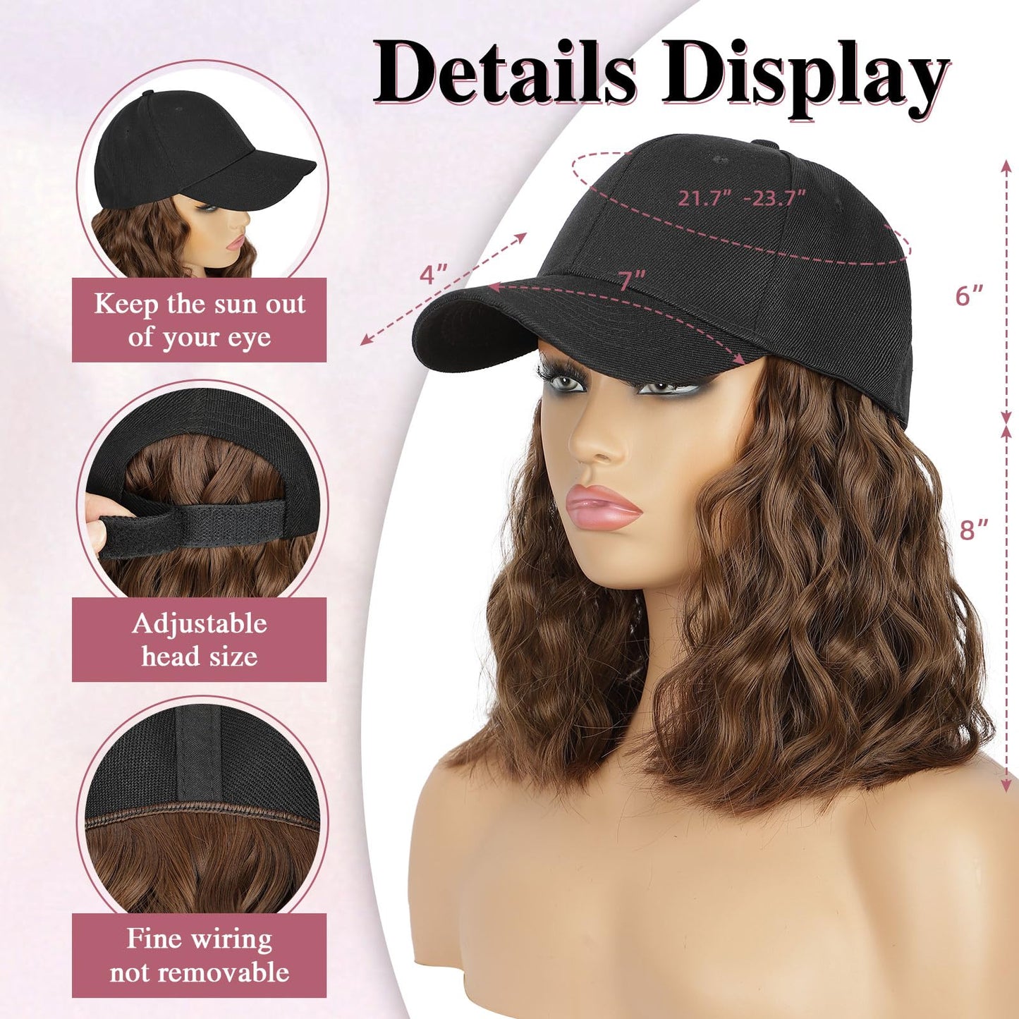 HANYUDIE Hat Wig for Women Wig Cap with Curly Hair Extensions Hat with Hair Wave Adjustable Baseball Cap Wigs
