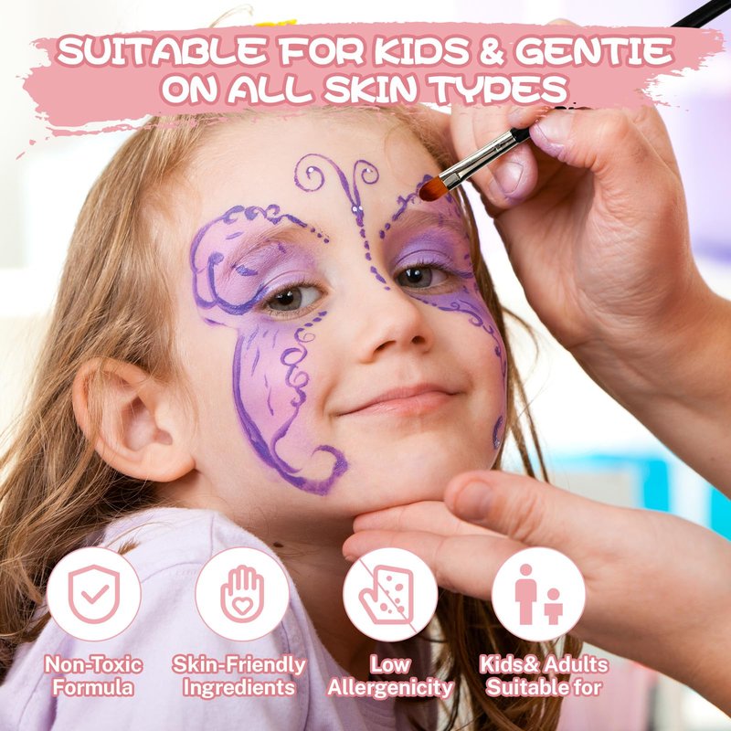 KNLDEFV 54 Color Kids Face Painting Kit, Non Toxic Water Activated Face Paint Palette with Stencils, Brush, Sparkle Gems. Perfect for Birthday Parties, Carnival, Costume Makeup