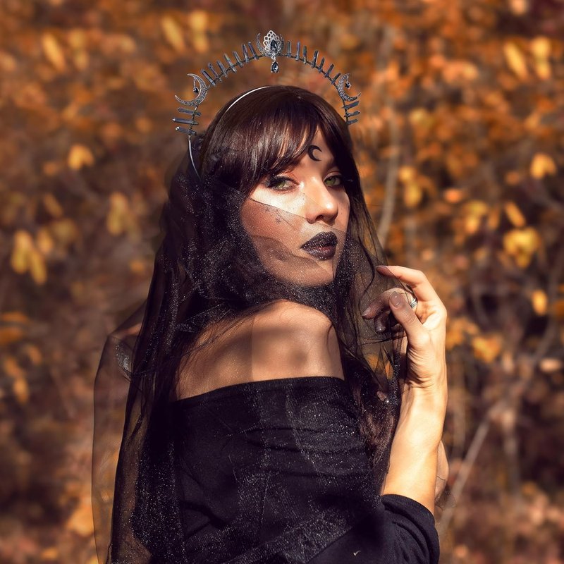 Goth Goddess Halo Crown - Black Moon Star Headband | Gothic Quartz Crystal Headdress for Festivals & Cosplay