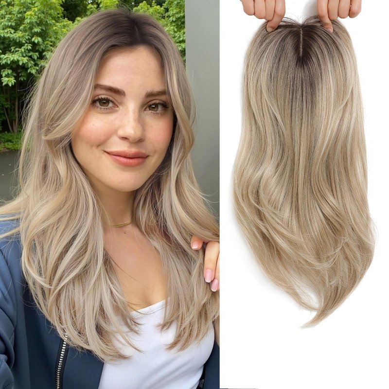 Molefi Hair Toppers for Women - 18" Long Layered Synthetic Wiglets | Volume Boosting, Large Base 6.5"x6.5" (Mix Blonde/Dark Root)