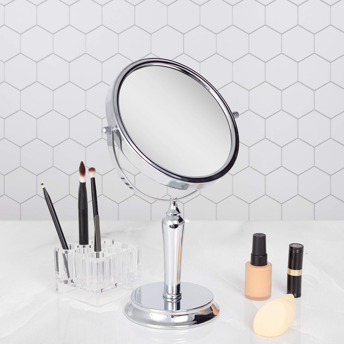 Zadro Anaheim 8.75” Round Non-Lighted Makeup Mirror 5X 1X Magnifying Makeup Mirrors Rotating Head Makeup Mirror for Desk