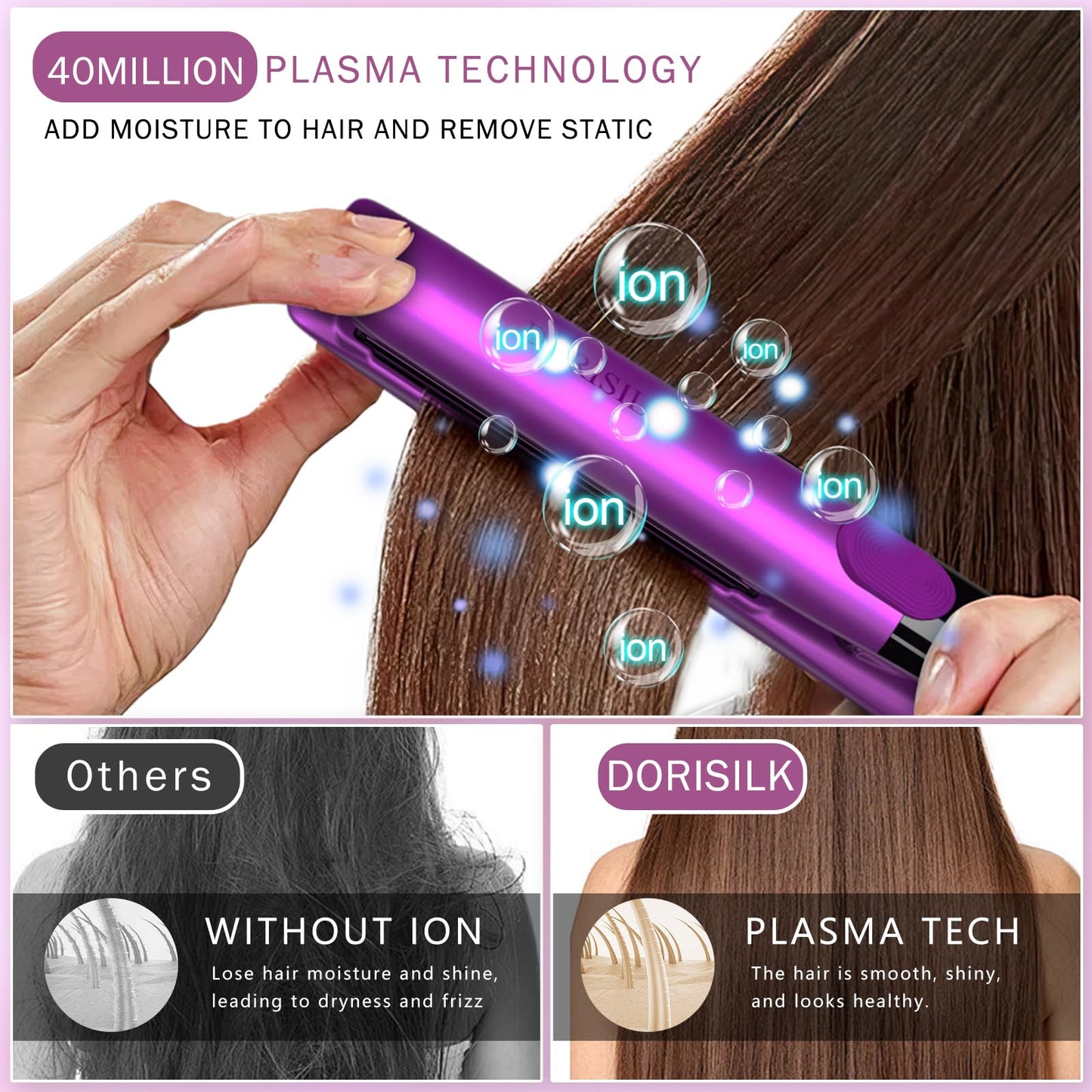 DORISILK 500 Degree High Temp Professional Hair Straightener，15s Fast Heating Ceramic Flat Iron ，2 in 1 Hair Straightener and Curler，Plasma Flat Iron Get Frizz-Free ，Dual Voltage for Travel Purlpe