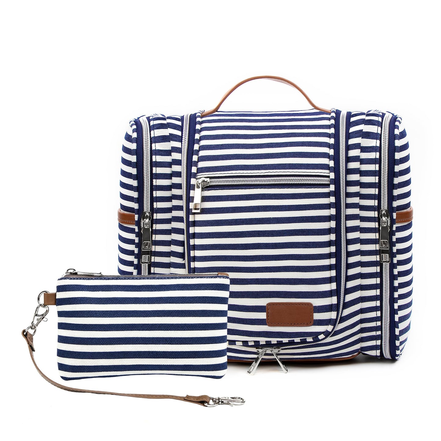 Pearl Angeli Hanging Toiletry Bag for Women and Men, Large Makeup Cosmetic Bag, Water Resistant Toiletries Travel Essentials Organizer, Full-size Container, Navy-striped
