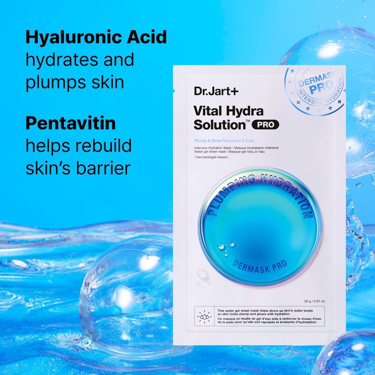 Dr.Jart+ Dermask Vital Hydra Solution Glow Korean Face Mask with Hyaluronic Acid for Glass Skin | Sheet Mask | Gifts for Women | Korean Skin Care, 5 Pack