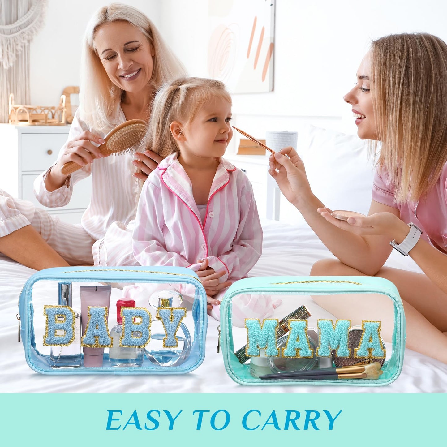 SilTriangle 4 Pcs Mama and Baby Toiletry Bag Clear Chenille Letter Diaper Bag Pouch Snacks Makeup Stuff Travel Preppy Transparent Pouch with Zipper for Women Gift(Fresh Color)