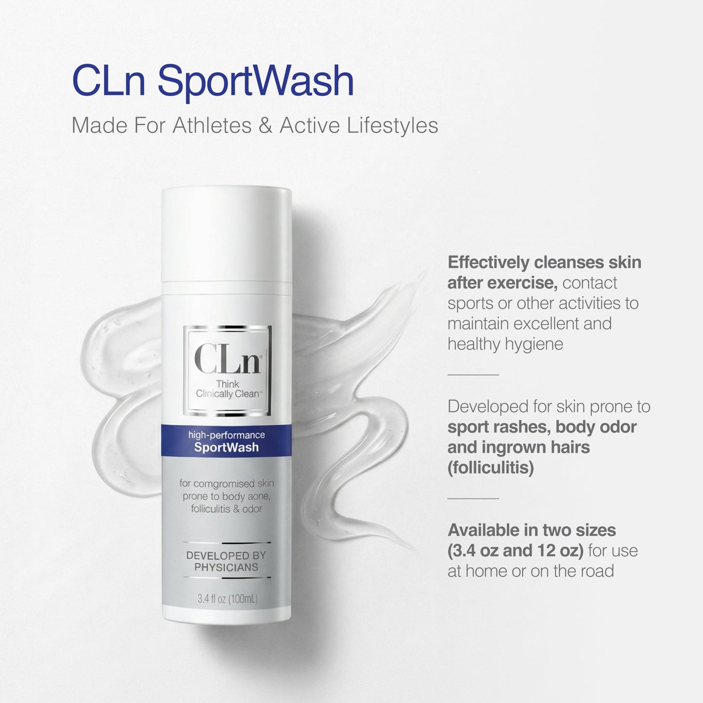 CLn® SportWash – High-Performance Sport Body Wash, For Men & Women Prone to Body Odor, Foot Odor, Ringworm, Folliculitis, & Back Acne, Fragrance-Free & Paraben-Free, 3.4 fl. oz.