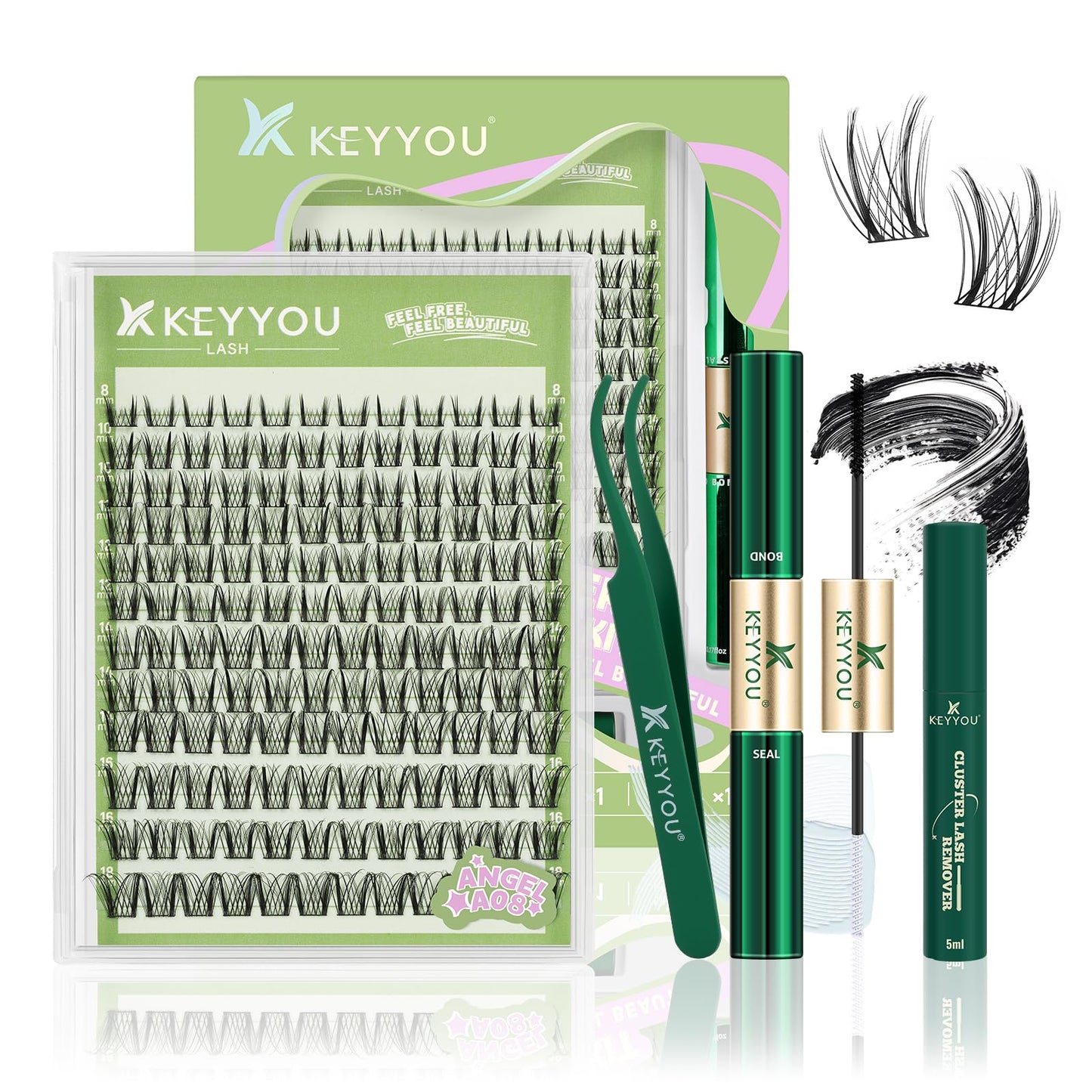 KEYYOU Angel Lash Clusters Kit, 8-18mm Mix D Curl Wispy Natural Eyelash Clusters with Bond, Seal and Tweezers for DIY Eyelash Extension at Home(Lash Kit-Angel A08)