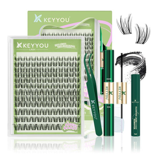 KEYYOU Angel Lash Clusters Kit, 8-18mm Mix D Curl Wispy Natural Eyelash Clusters with Bond, Seal and Tweezers for DIY Eyelash Extension at Home(Lash Kit-Angel A08)