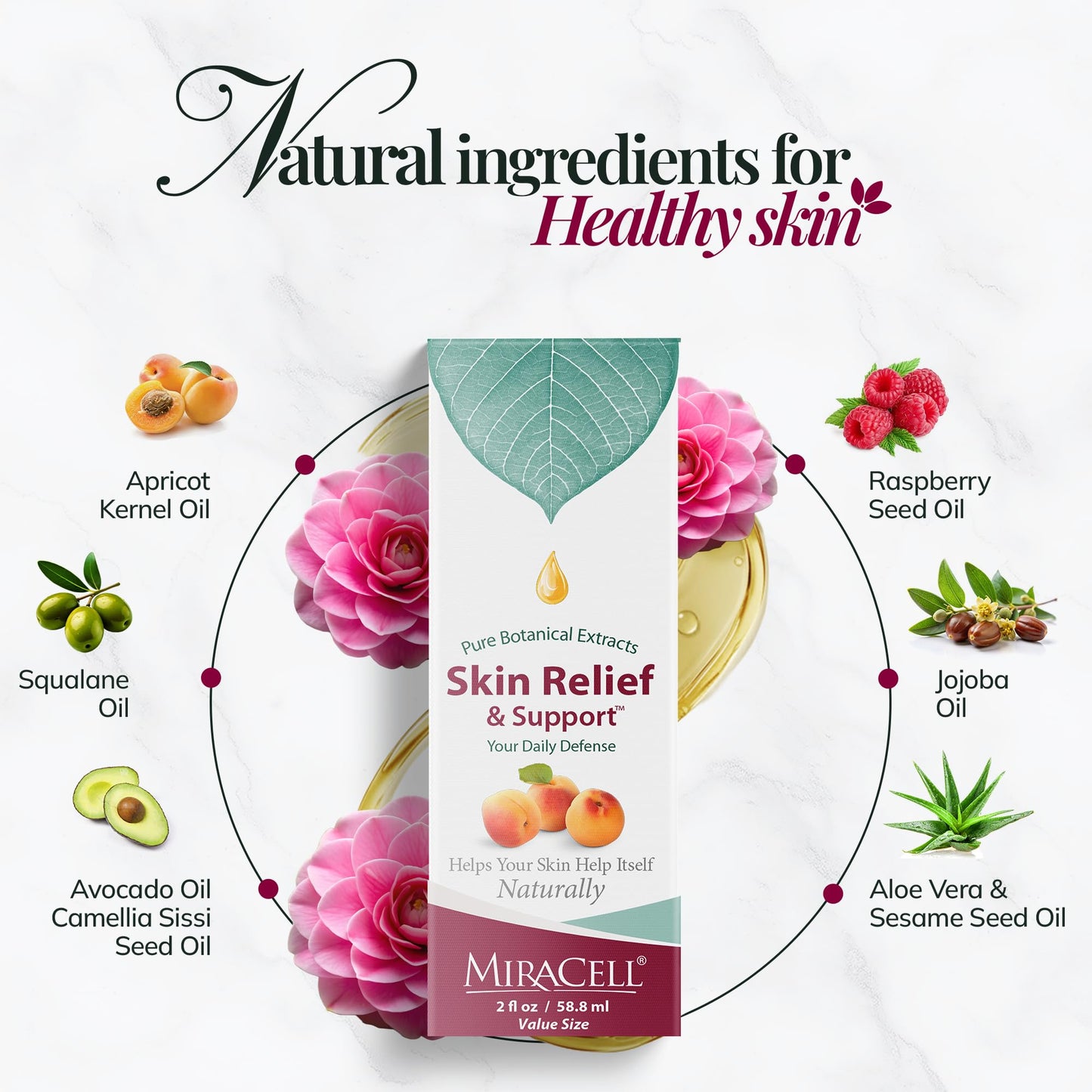 Miracell Skin Relief & Support Oil | Natural Moisturizer for Dry, Sensitive, or Irritated Skin | Soothes Cuts, Scrapes, Bug Bites, Sunburn, Chafing, Rough Hands, Cracked Cuticles & Windburn | 2 oz