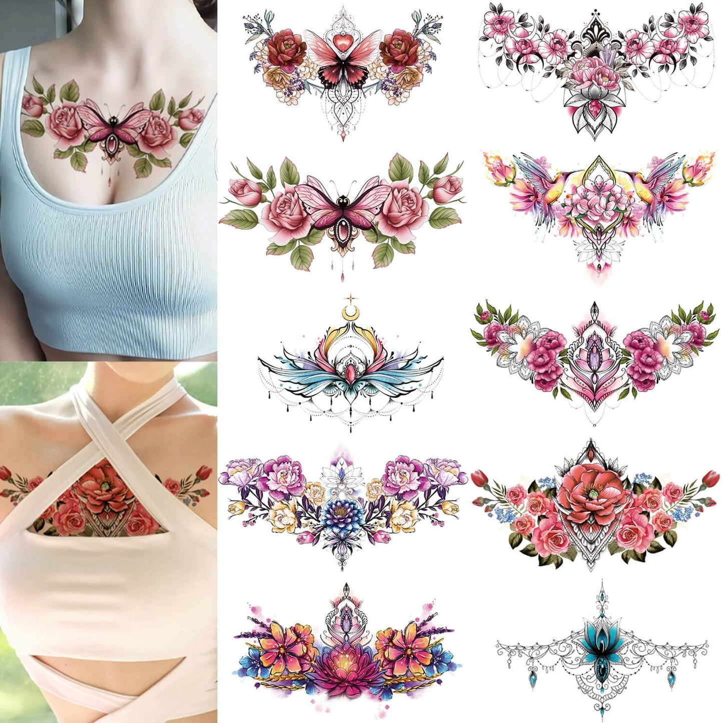 Glaryyears Chest Underboob Temporary Tattoo for Women, 10-Pack Large Floral Fake Realistic Tattoos, Long-lasting Creative Removable Tattoo Stickers, Sexy Rose Flower Tramp Stamp Sketch on Body