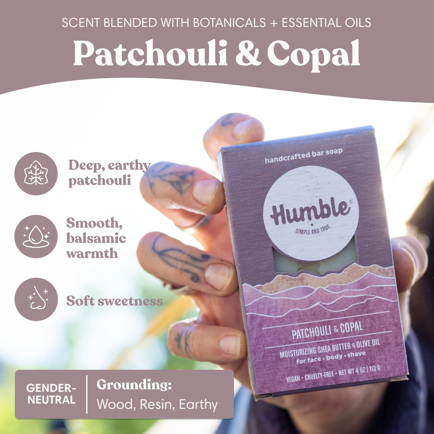 Humble Moisturizing Face & Body Bar Soap, Patchouli & Copal - 3 Pack