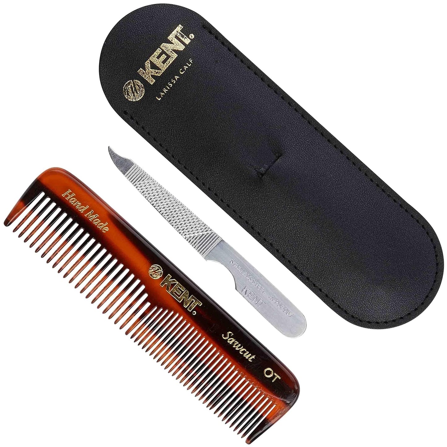 Kent Gift Set NU19 | Fine & Wide Tooth Pocket Comb for Hair, Mustache & Beard | Travel Set with Leather Pouch & Nail File
