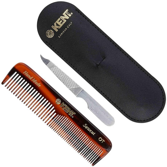 Kent Gift Set NU19 | Fine & Wide Tooth Pocket Comb for Hair, Mustache & Beard | Travel Set with Leather Pouch & Nail File
