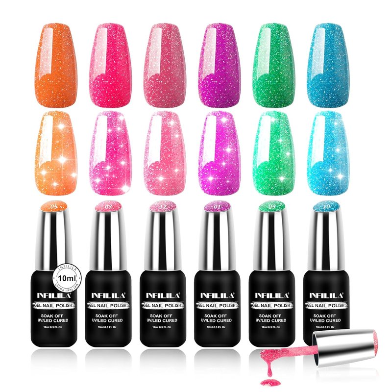 NXJ Halloween Gel Nail Polish Set - 6 Glitter Neon Colors | 10ml Summer Nail Art for DIY Salon & Parties