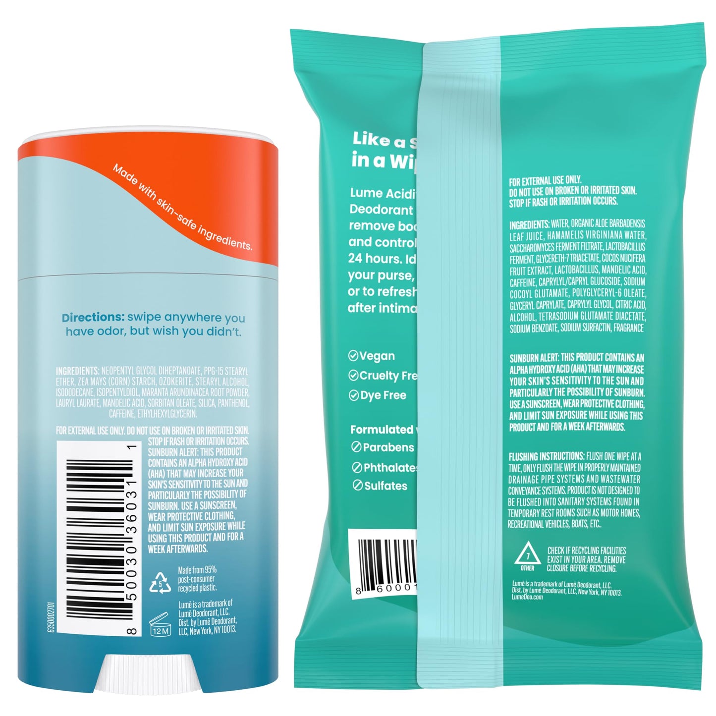 Lume Whole Body Deodorant - 2-Pack Smooth Solid Stick (Unscented) and Acidified Deodorant Wipes (Cool Cucumber) - Aluminum Free, Baking Soda Free and Skin Safe