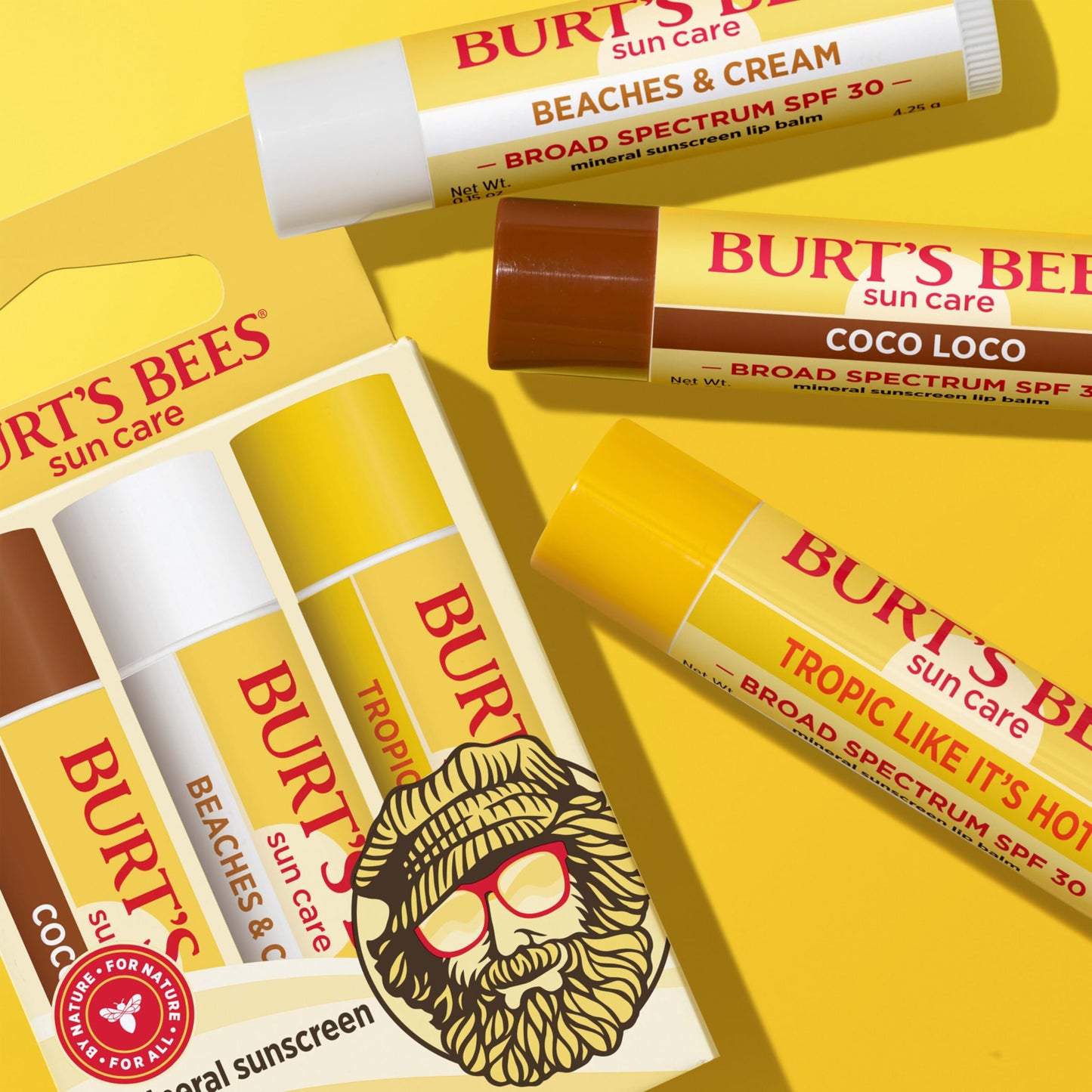 Burts Bees SPF 30 Lip Balm, Island Getaway, Coco Loco, Beaches & Cream, Tropic Like It's Hot, Water-Resistant Sun Care, Natural Origin Lip Treatment, 0.15 oz., Three Tubes