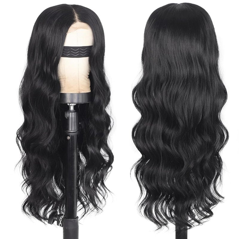 Long Black Wigs for Women - 26 Inch Curly Wavy Synthetic Hair with Lace Hairline | Natural Looking Daily Wear