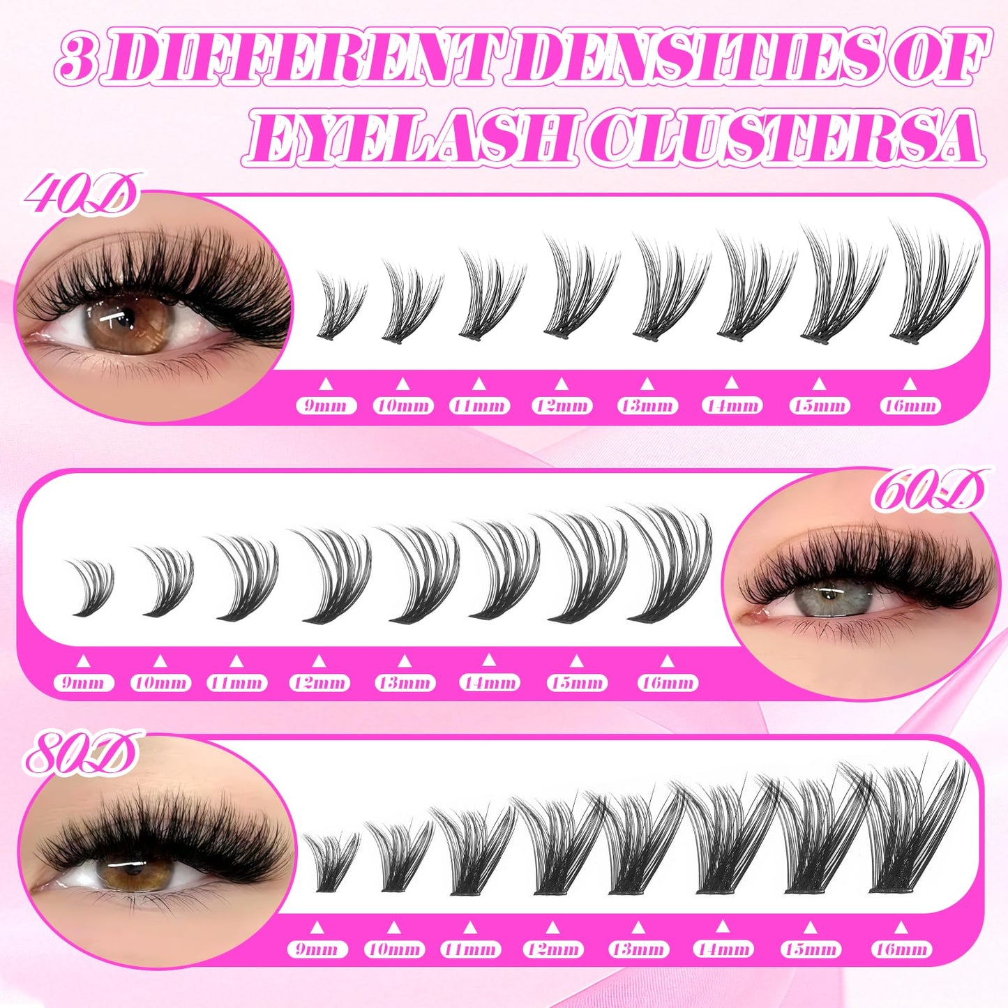 Lash Clusters Kit, Natural 560 Pcs Cluster Eyelash Extensions Kit 9-16mm Individual Lash Extensions Kit D Curl Fluffy Wispy False Eyelashes 40D+60D+80D Kit,With Bond & Seal Tweezers Brush for beginner
