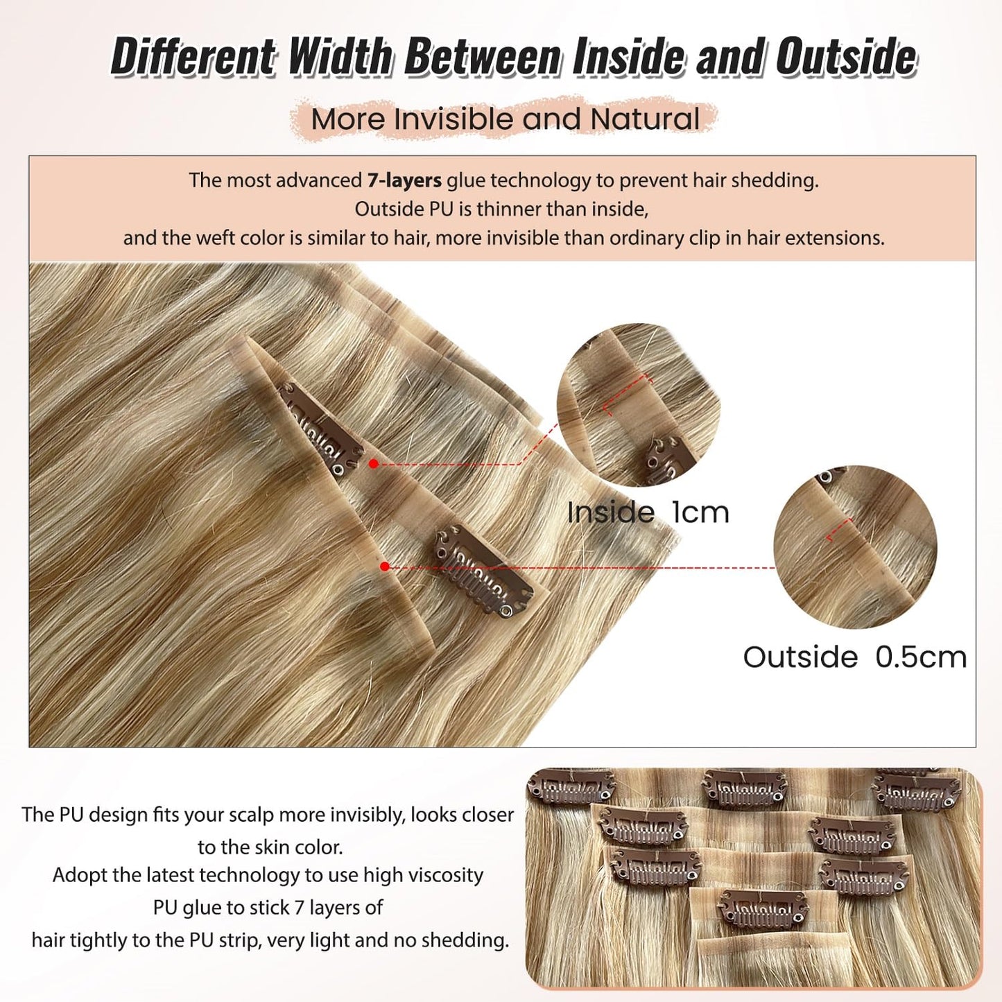 Real Human Hair Clip in Extensions, 20' Colored Seamless Wefts - 7PCS 100G PU Skin - Caramel Blonde to White Blonde