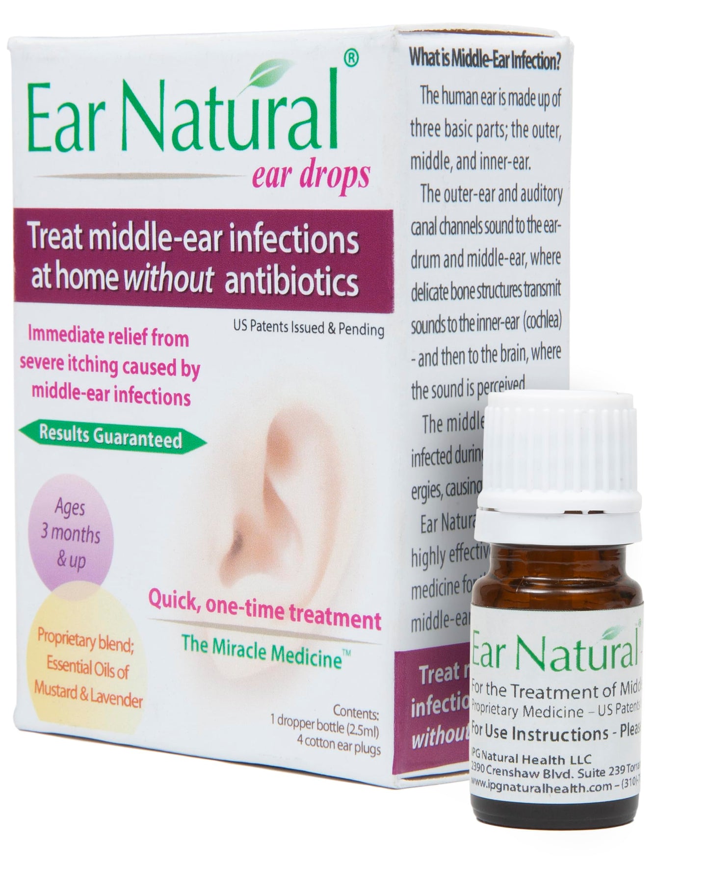 EarNatural® – Treatment for Middle-Ear Infections, Earache, Itching – Relief in Less Than a Minute - in a Single Treatment – 100% Natural Ingredients, Made in USA – US Patents Issued & Pending