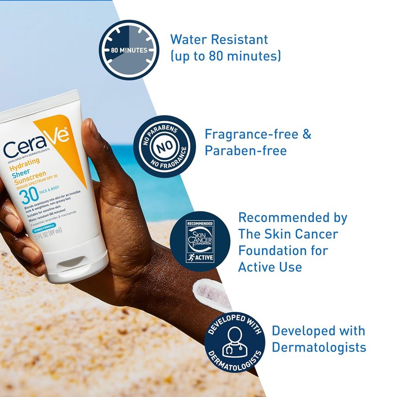 CeraVe Hydrating Sheer Sunscreen SPF 30 - Mineral & Chemical Formula with Zinc Oxide | 5 Ounces