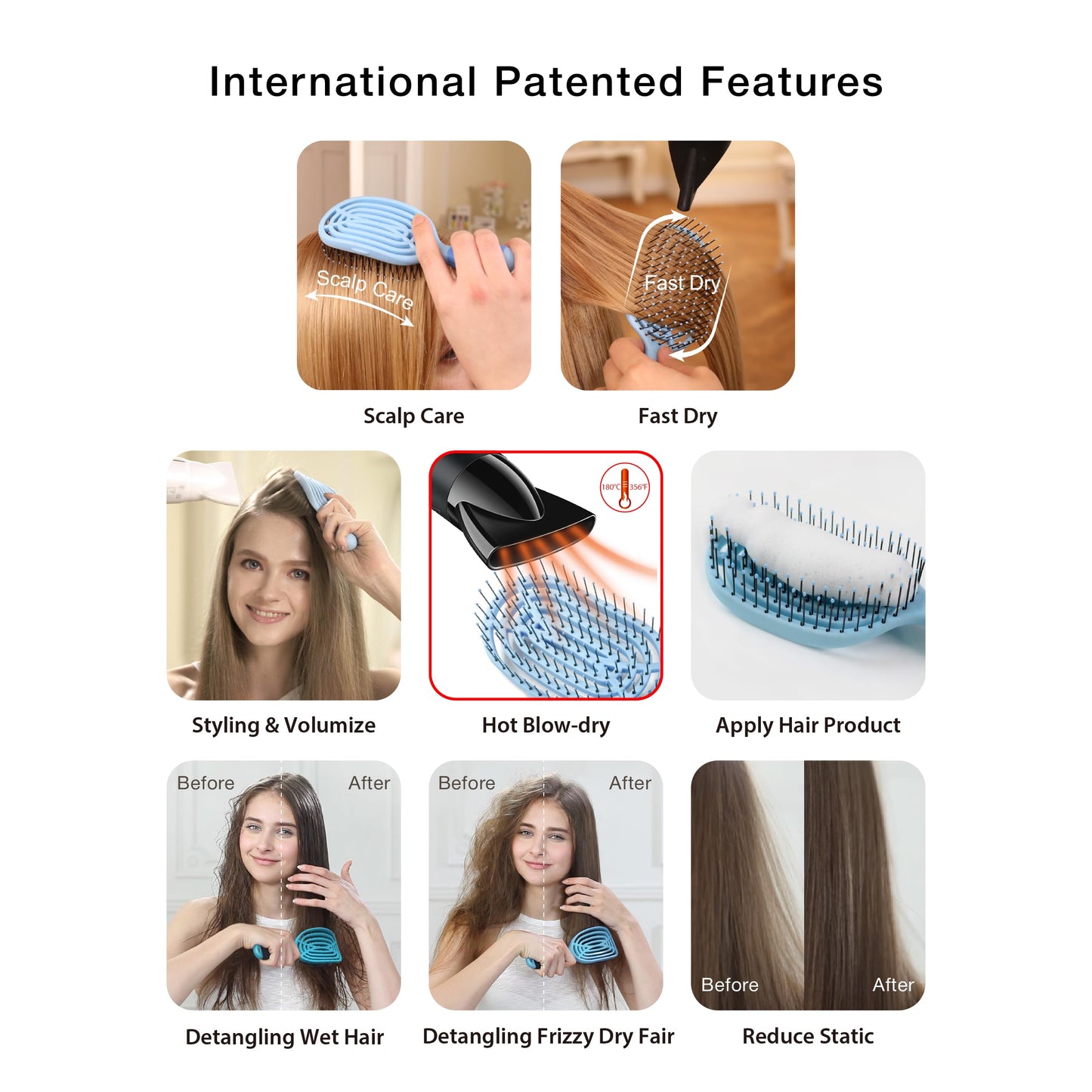 NuWay TravelC Detangling Hair Brush Set (2 Brushes) – Mix-n-Match Travel Case Colors, Patented Curved Vented Design with Protective Case for Wet or Dry Hair