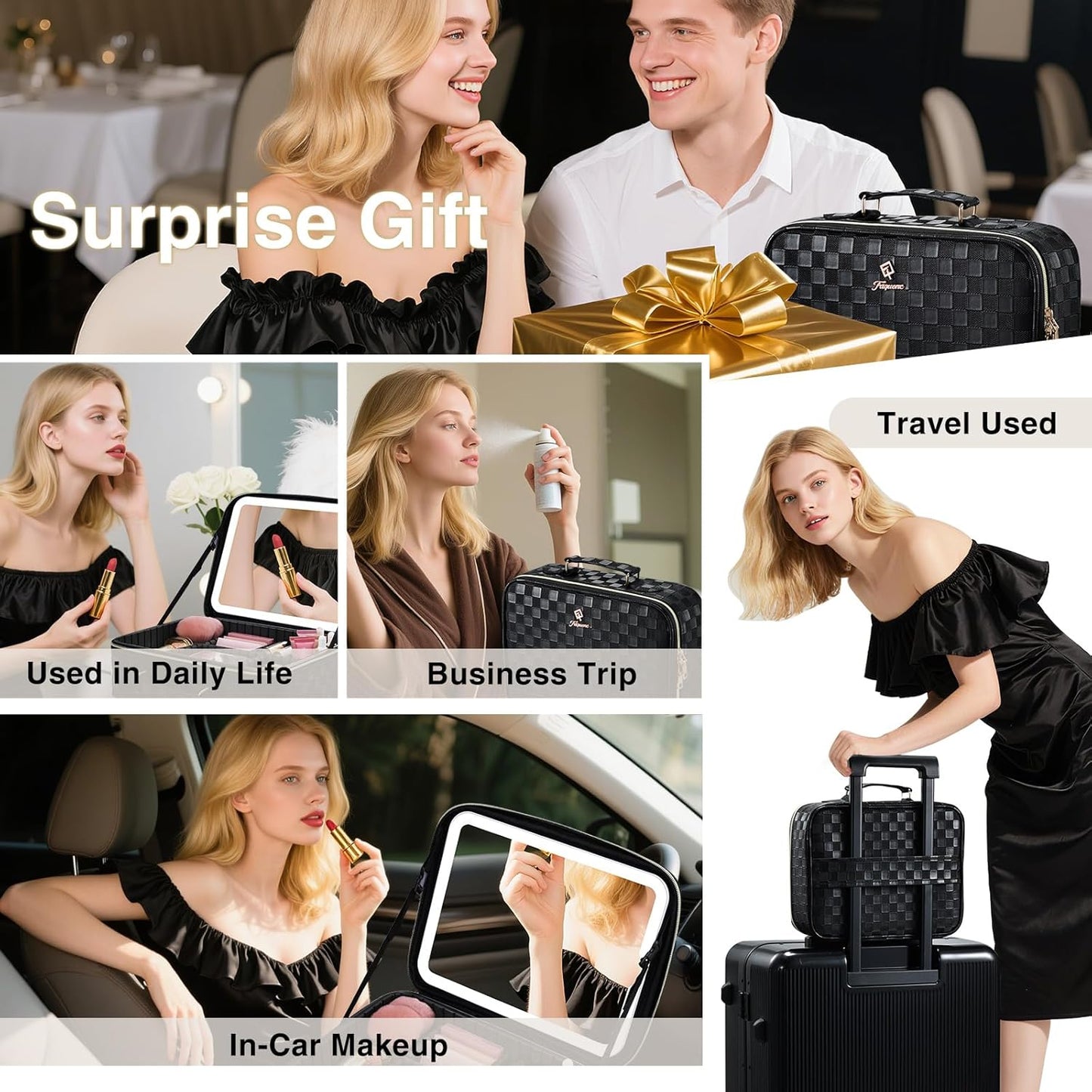 LED Lighted Makeup Bag - 12.2" Travel Cosmetic Organizer with Adjustable Brightness | Black Checkerboard Design, Dividers & Brush Holder