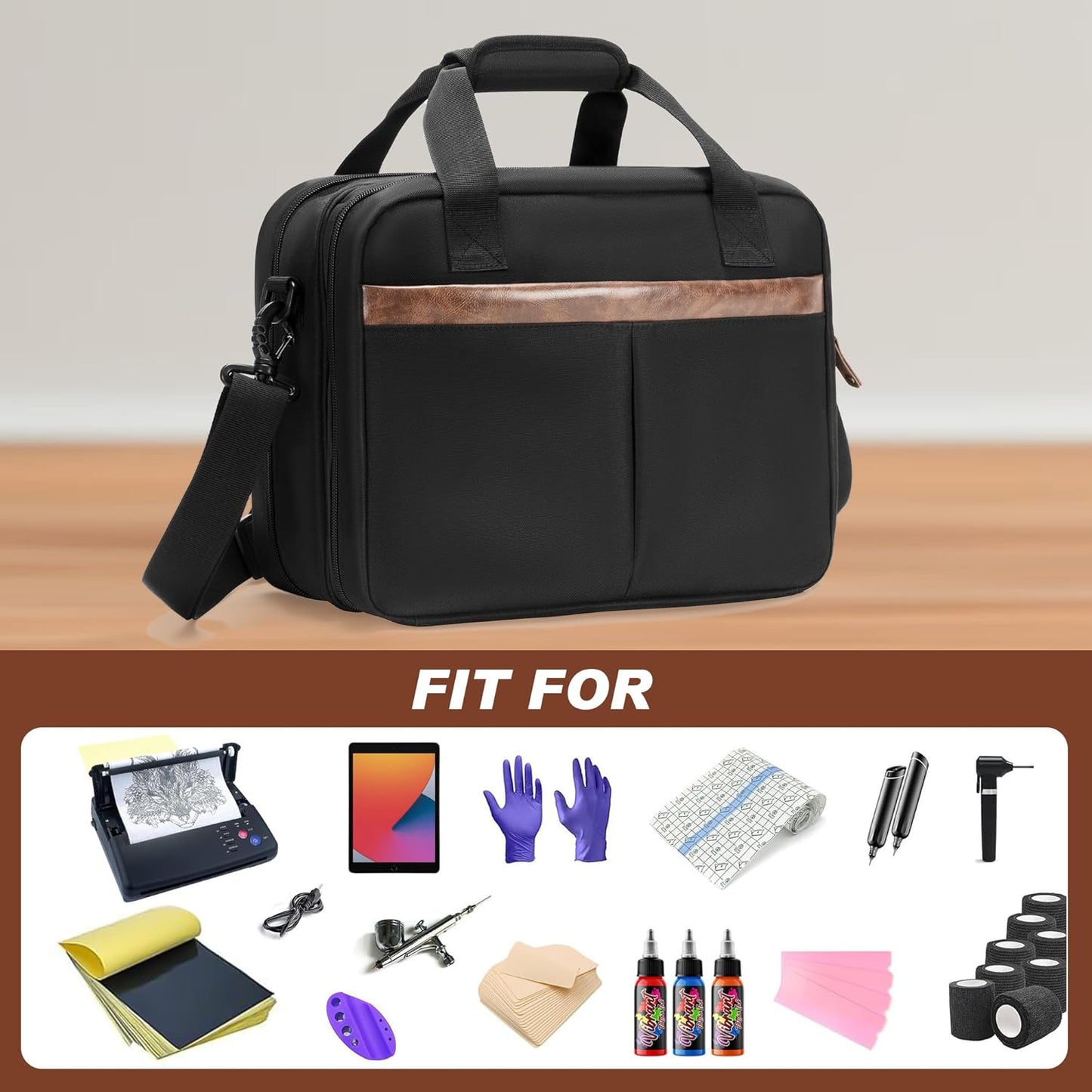 Tattoo Supplies Carrying Case - Double-Layer Travel Bag for Stencil Printer & Ink | Fits 24 Bottles, Guns, iPad - Black