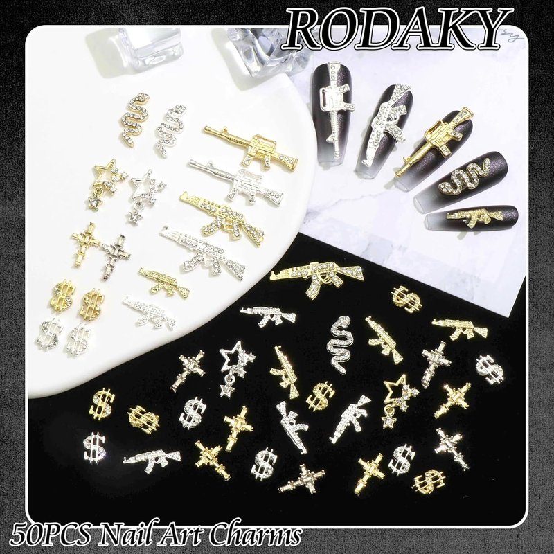 3D Gun Nail Charms - 50PCS Cross & Dollar Nail Gems for Manicure | Gold & Silver Snake Decorations
