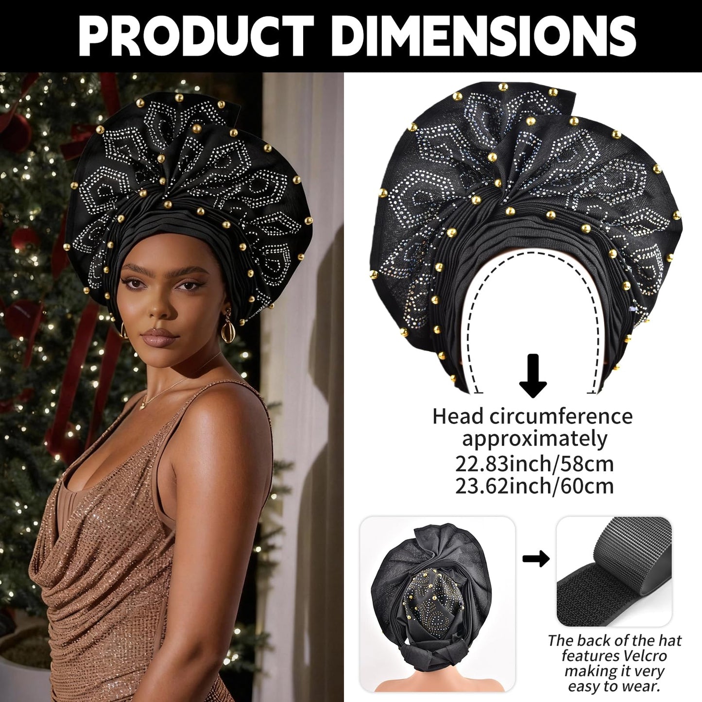 Nigerian headwear African headscarf,Auto Gele headband,hand wrap beaded - made for weddings parties events (Golden)