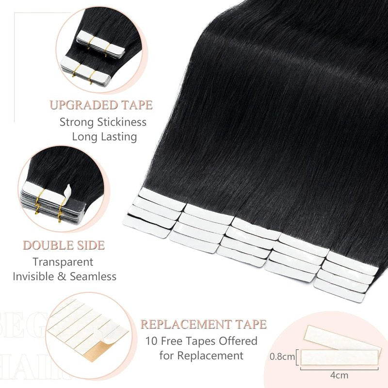 Tape In Hair Extensions - 16 Inch Black Remy Human Hair, 20pcs 50g | Straight #01 Jet Black
