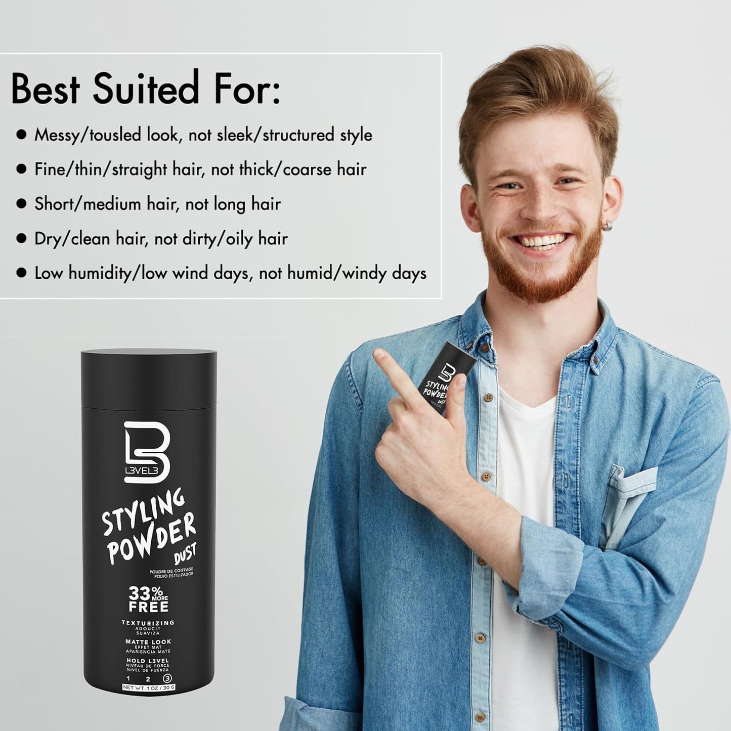 Level 3 Styling Powder - Natural Look Hair Powder for Men - Easy Application, No Greasy Residue | 60 Grams