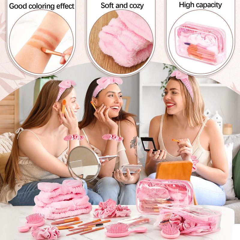 Daifunli 6 Set Pink Spa Party Favors for Women Travel Makeup Brush Bag Mini Hair Brushes Headband Scrunchies for Sleepover Bachelorette Wedding Bridal Shower Party Supplies Bridesmaid Gifts