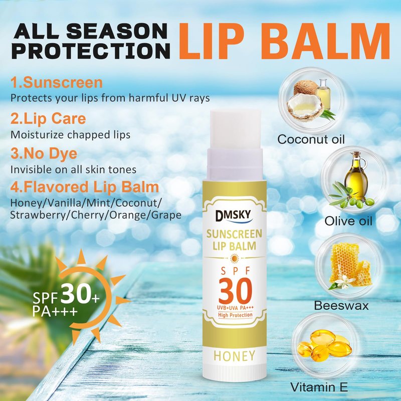 DMSKY SPF 30 Lip Balm 64 Pack, Moisturizing Lip Sunscreen with Vitamin E & Coconut Oil, Clear No White Cast Sunscreen Lip Balm Travel Size- Beach Essentials