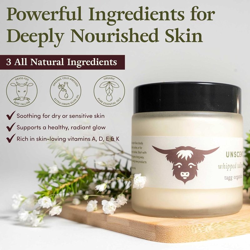 Whipped Tallow Cream for Skin - Organic, Chemical-Free Hydration | Unscented 4oz for Dry & Sensitive Skin
