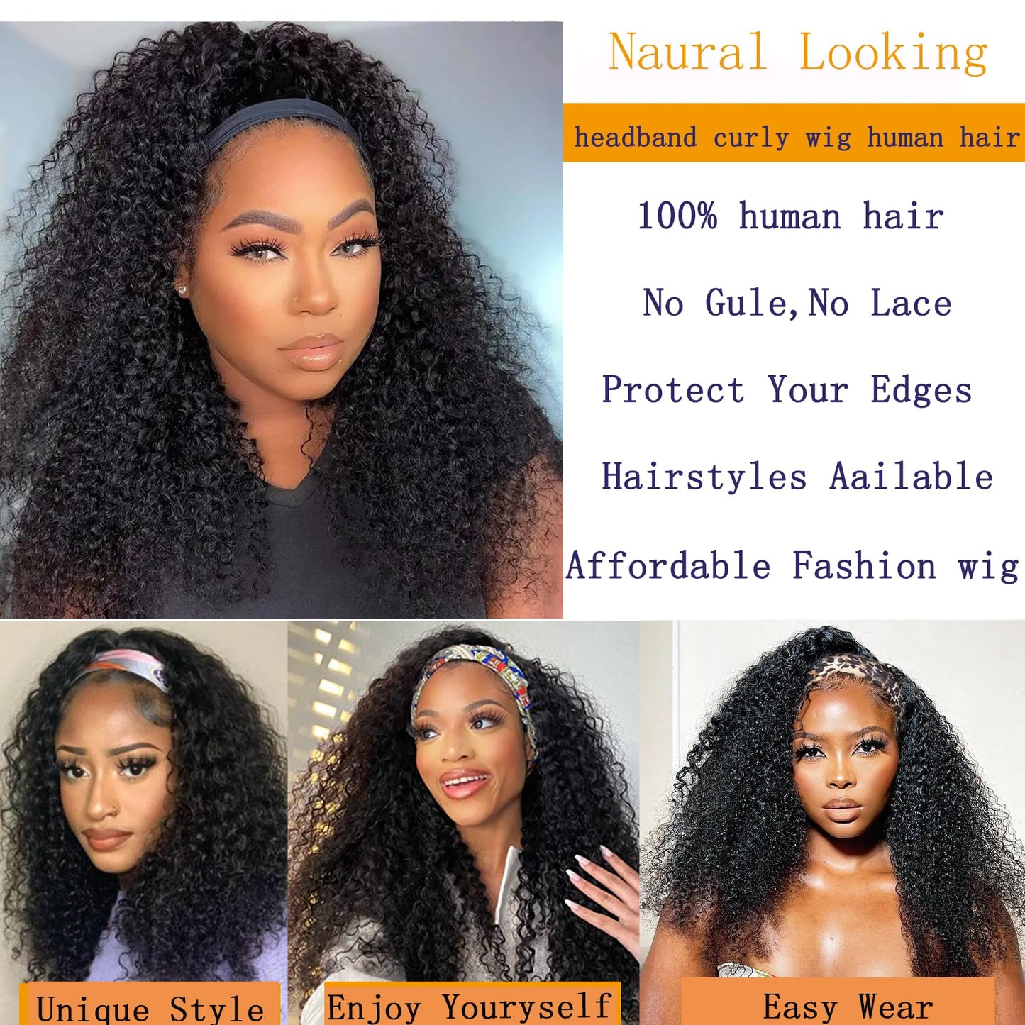 Semicaopㅤ Headband Wig Human Hair Curly Wigs for Black Women 14 inch Wigs Human Hair Glueless Wear and Go None Lace Front Wig Headband Wigs Machine Made 150% Density Natural Color