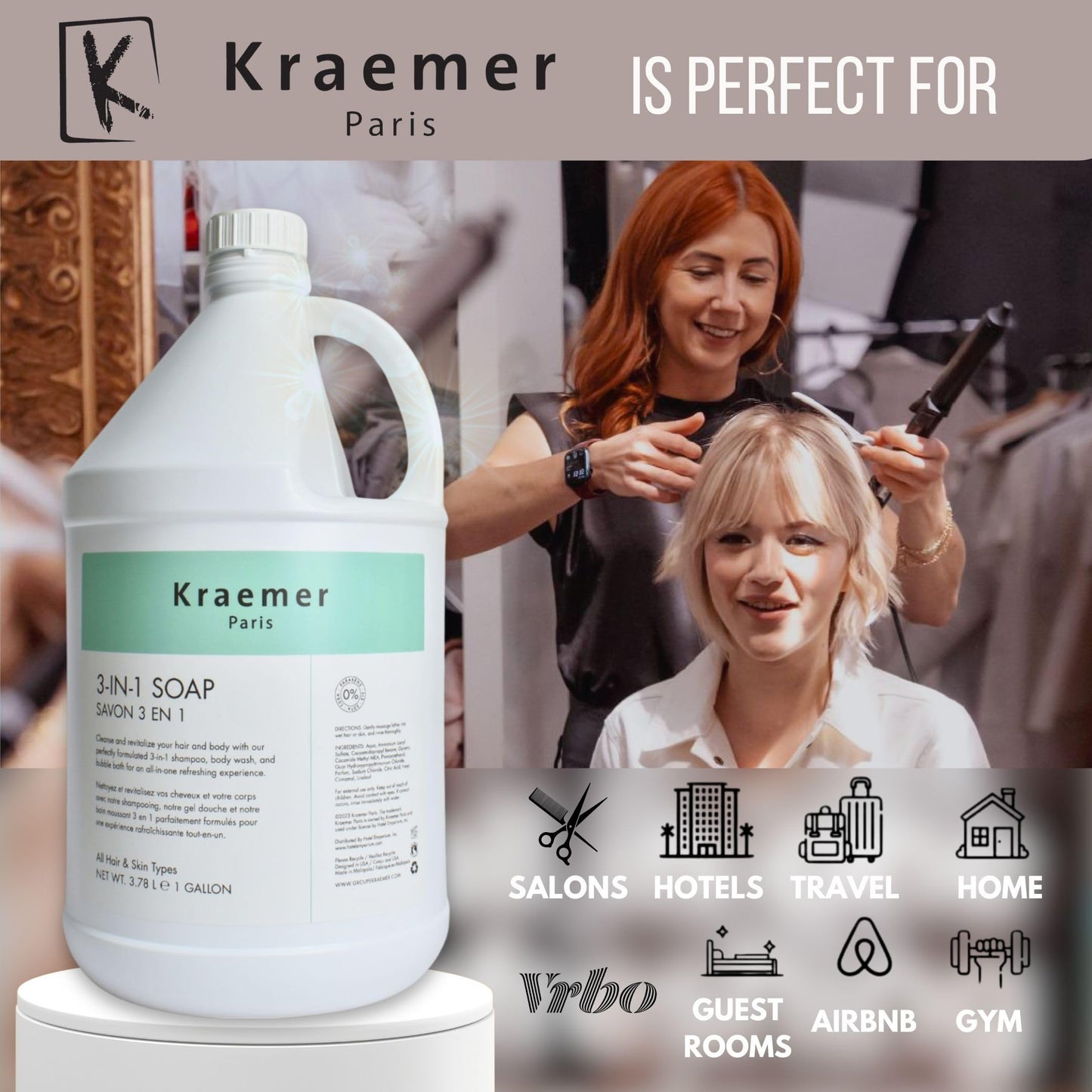 Kraemer Paris Bulk Shampoo Refill Gallon Size hotel for Hotel,Airbnb,Gyms,Hospitality, and Vacation Rentals,All-in-One Salon Quality,3.78 Liter Size, Cruelty-Free Refillable for Hair and Body Wash