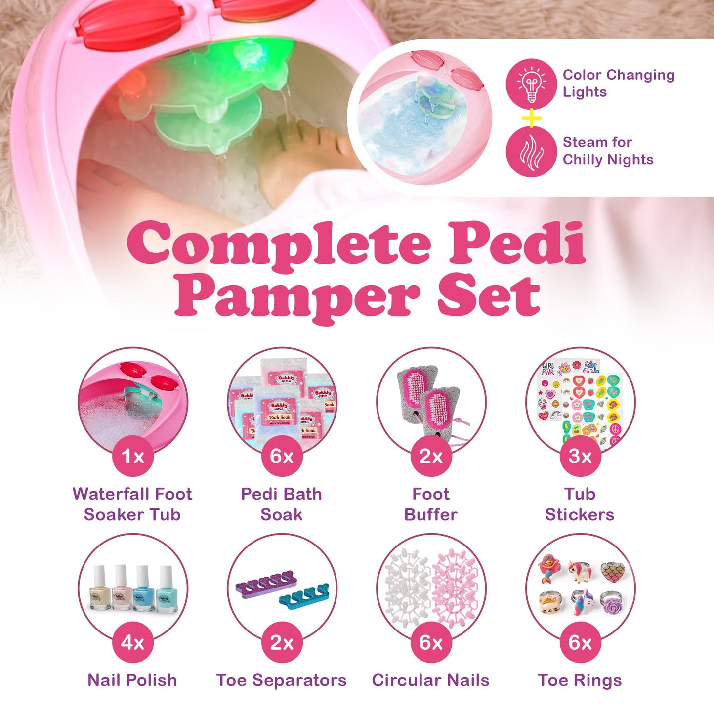 Kids Spa Day Kit for Girls, 42+ Piece Spa Toys with Waterfall Foot Spa, Nail Spa Kit, Pedicure and Manicure Accessories, Perfect Spa Kit for Girls Ages 6 7 8 9 10 11 12, Fun Birthday Gift