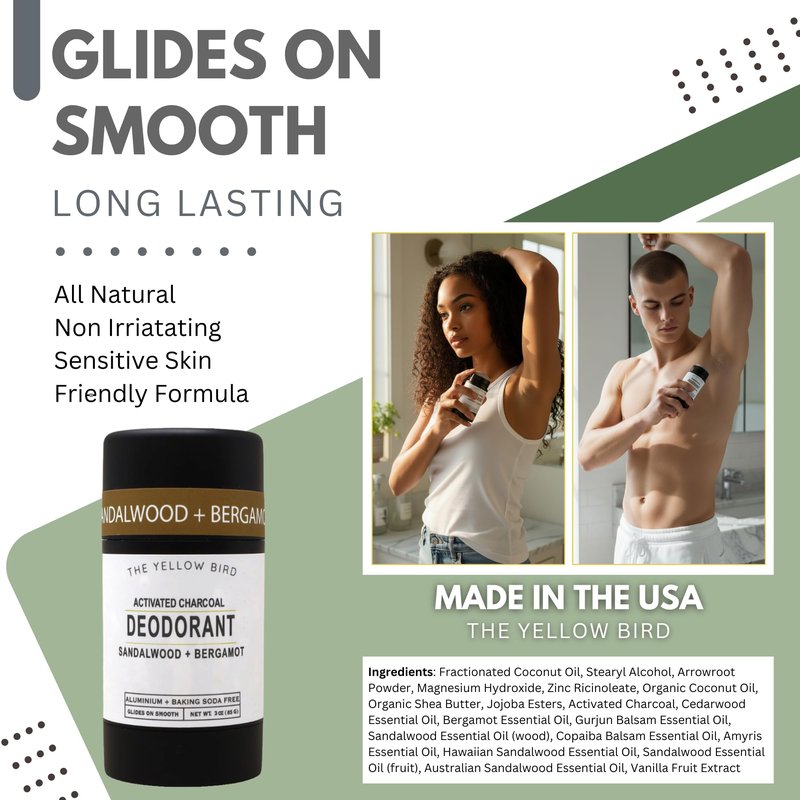 Sandalwood & Bergamot Natural Deodorant – Aluminum-Free, Baking Soda-Free Stick, Sensitive Skin Formula with Activated Charcoal – 3 oz, For Men, Women, Teens - Made in USA