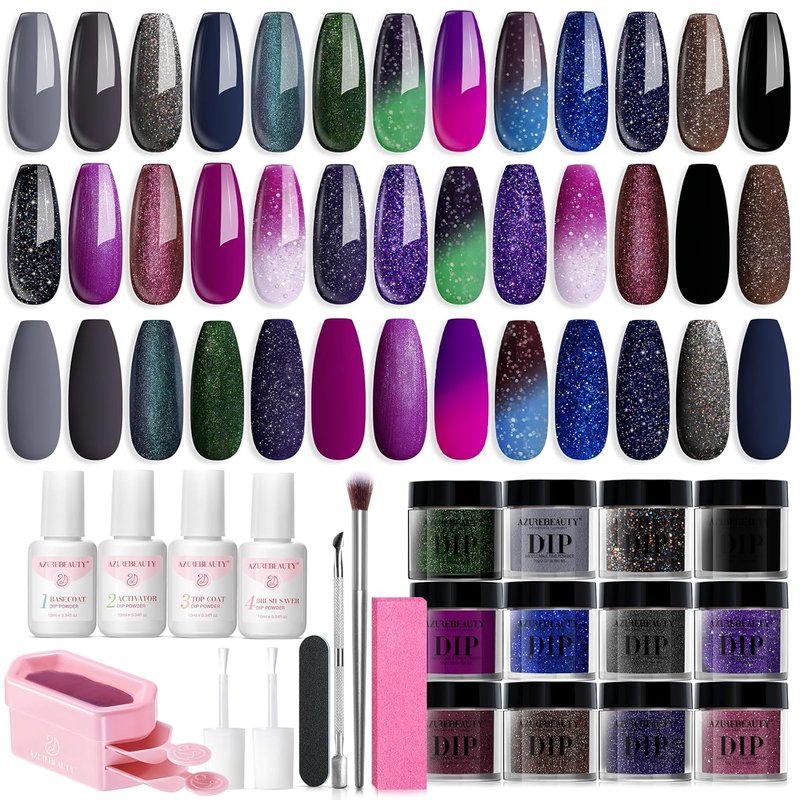 Color Changing Glitter Dip Powder Nail Kit - 20 Magic Colors with Base & Top Coat for DIY French Manicure