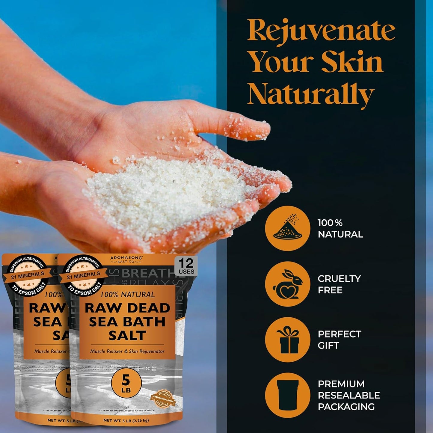 Aromasong Raw Dead Sea Salt Soaking Bath - 10 Lbs Resealable Pack | Skin Softening Benefits