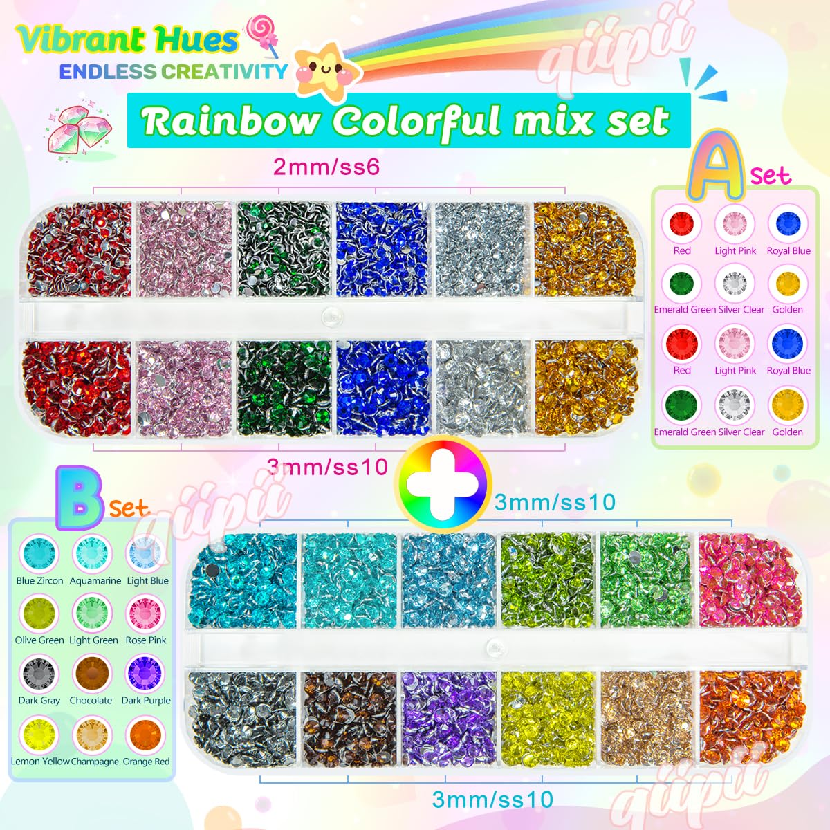 qiipii 18 Colors Crystal Resin Rhinestones 2mm 3mm Rainbow Colorful Flatback Stones Non-Hotfix Gems Diamonds Charms Supplies for Nails Eyes Face Makeup Crafting Tumblers Bottles Crafts Shoes Clothes