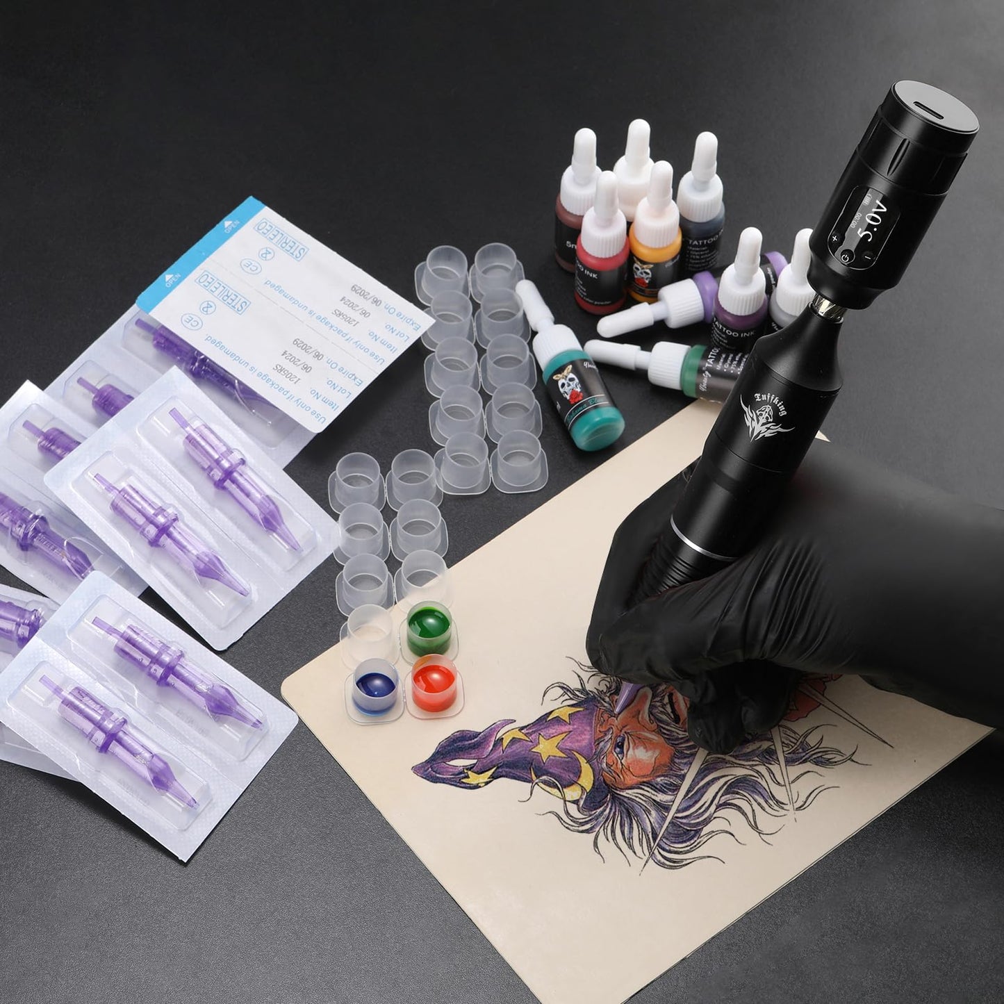 Beginners Tattoo Gun Machine Kit Professional Complete Tattoo Gun Kits for Beginner Rotary Tattoo Pen Set with 10Pcs Tattoo Cartridge Needles for Starter Artists (Black-45Pcs)