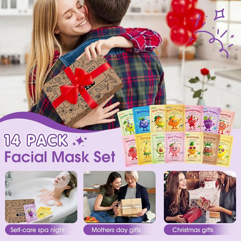 Collagen Hydrating Face Masks - 70 Pack Cute Fruit Sheet Masks | Spa Party Supplies for All Skin Types