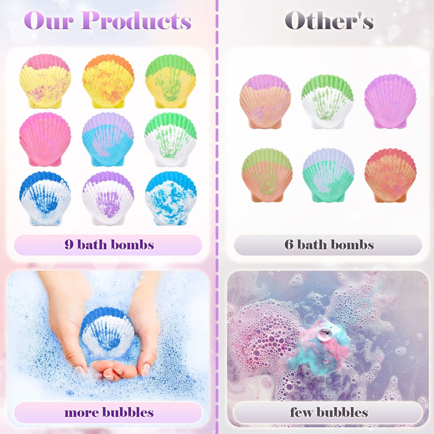 Tacobear Shell Bath Bombs for Kids Girls with Surprise Inside, 9Pcs Big Organic Natural Bubble Bath, Jewelry Set, Crown, Magic Wand, Sticker, Easter Basket Stuffers Mermaid Christmas Birthday Gift Toy