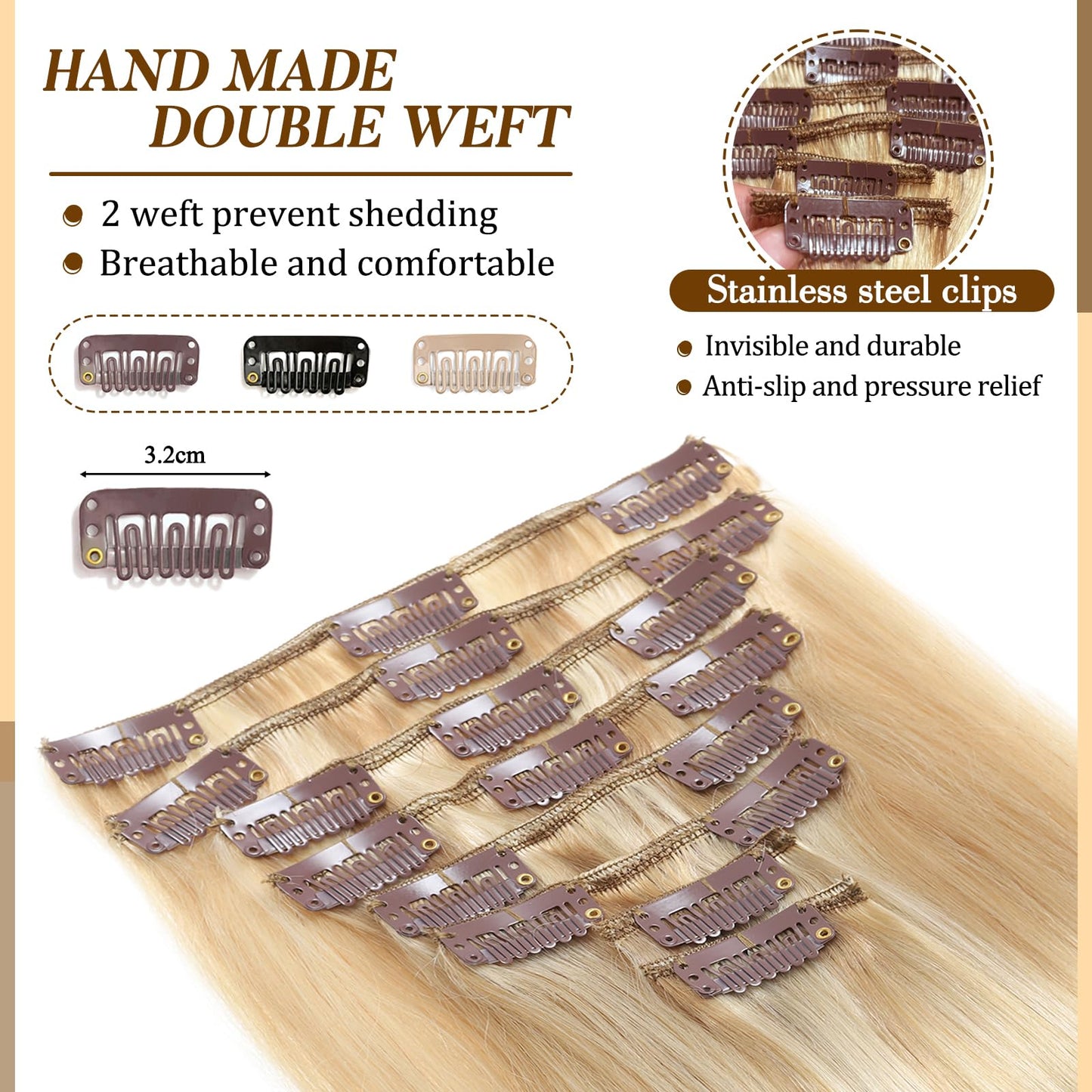 Clip in Hair Extensions Real Human Hair, 14 inch 80g, Balayage Invisible Remy Human hair Clip in Extensions for Women Seamless Straight 8Pcs Double Weft Dark Blonde Highlighted Bleach Blonde
